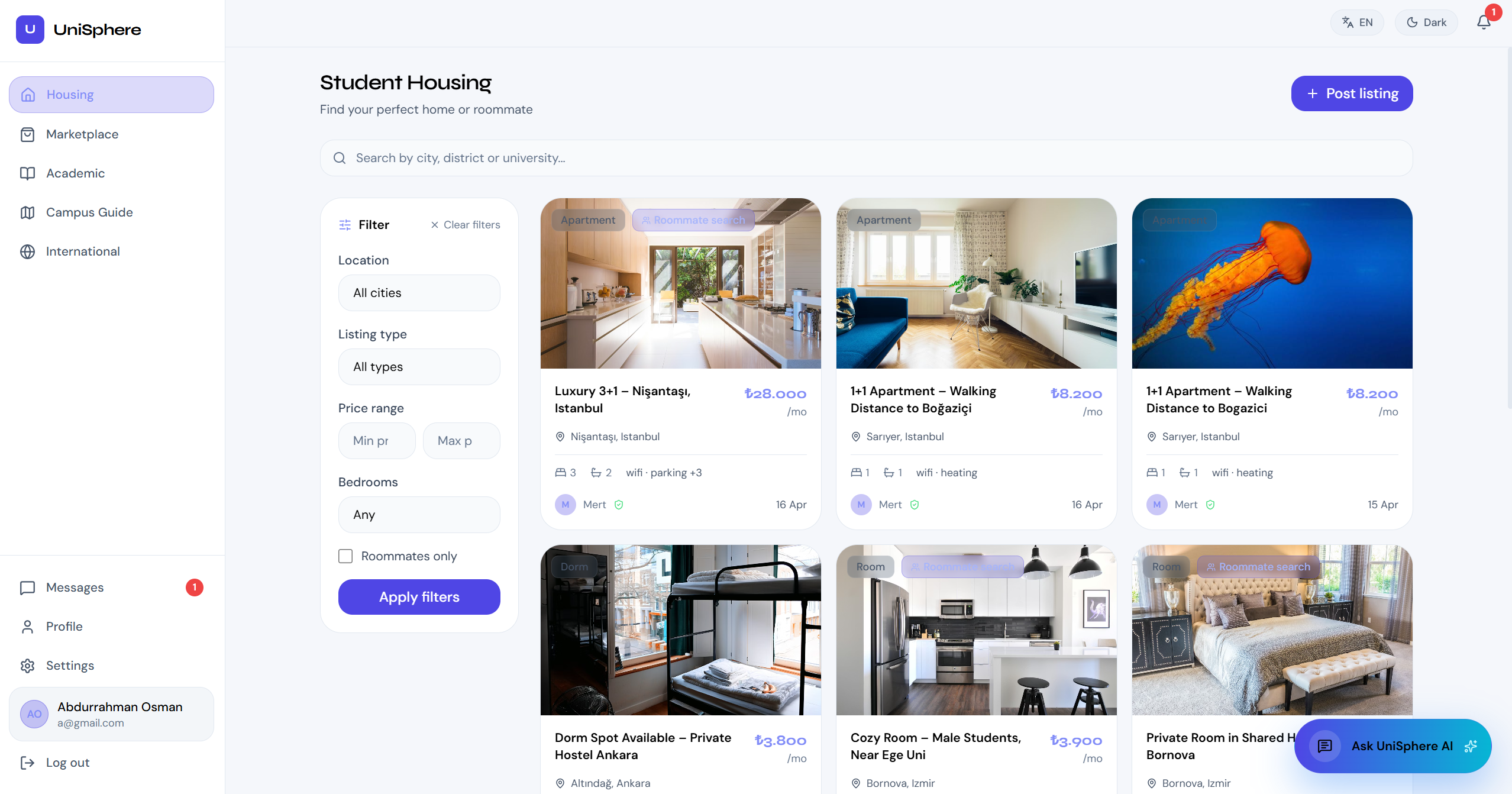 UniSphere housing module with filters, listings, and AI assistant